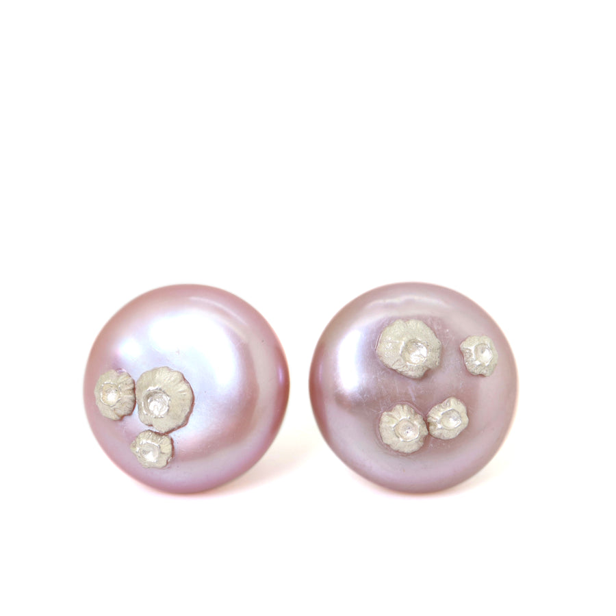 pink freshwater button pearl earring studs with silver barnacles by hannah blount jewelry