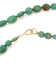 Kingman turquoise double-strand necklace with burnt sienna-hued silk and gold clasp by Hannah Blount