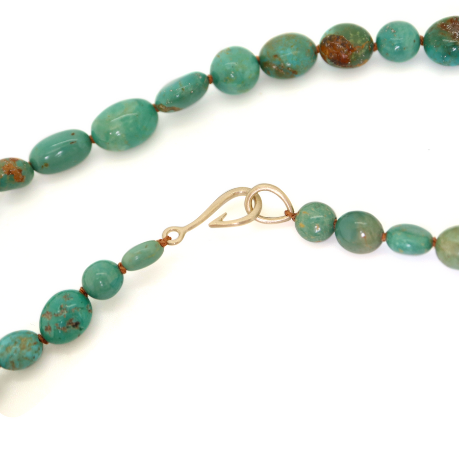 Kingman turquoise double-strand necklace with burnt sienna-hued silk and gold clasp by Hannah Blount