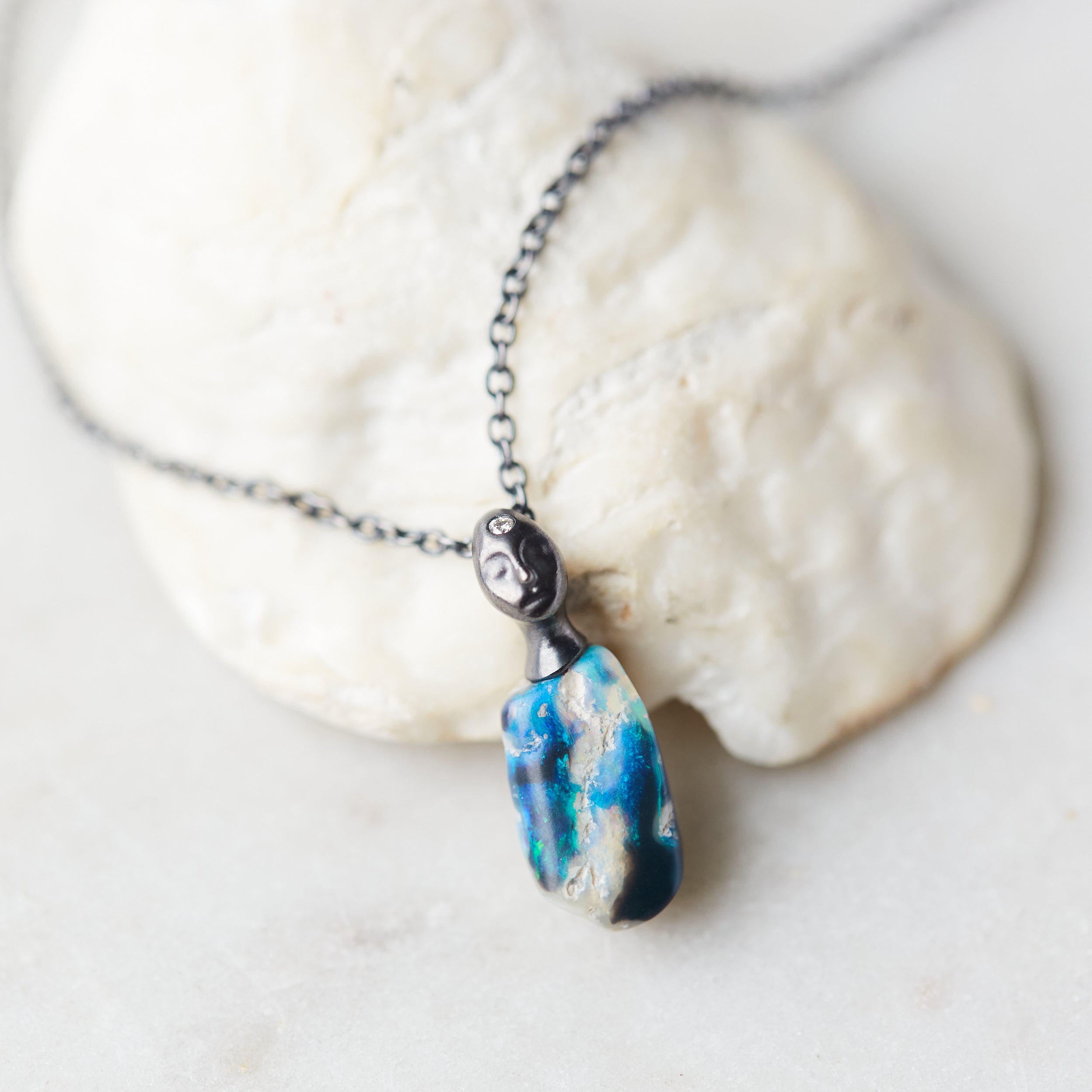 Raw Opal Oxidized Silver Cameo Necklace with Diamond by Hannah Blount