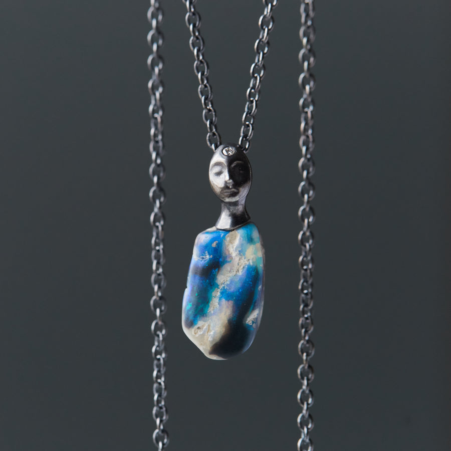 Raw Opal Oxidized Silver Cameo Necklace with Diamond by Hannah Blount