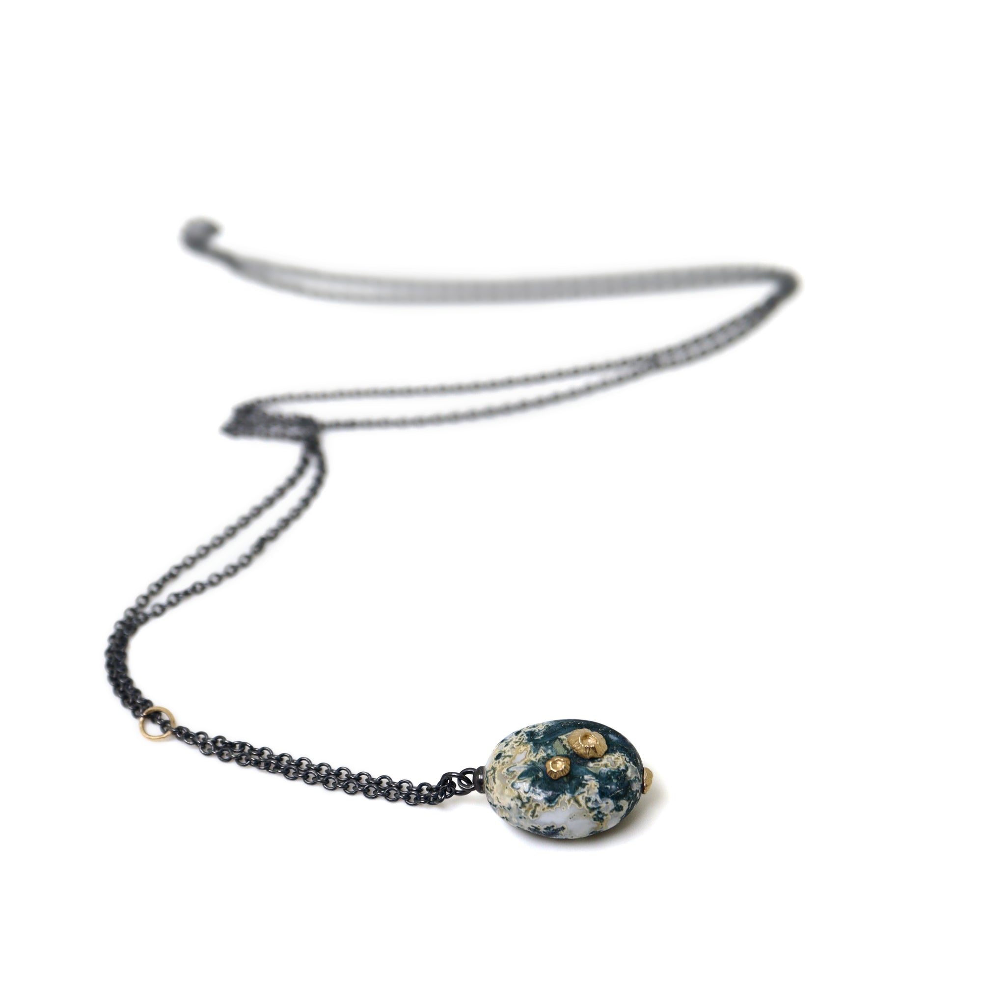 Opal bead necklace with barnacles by Hannah Blount