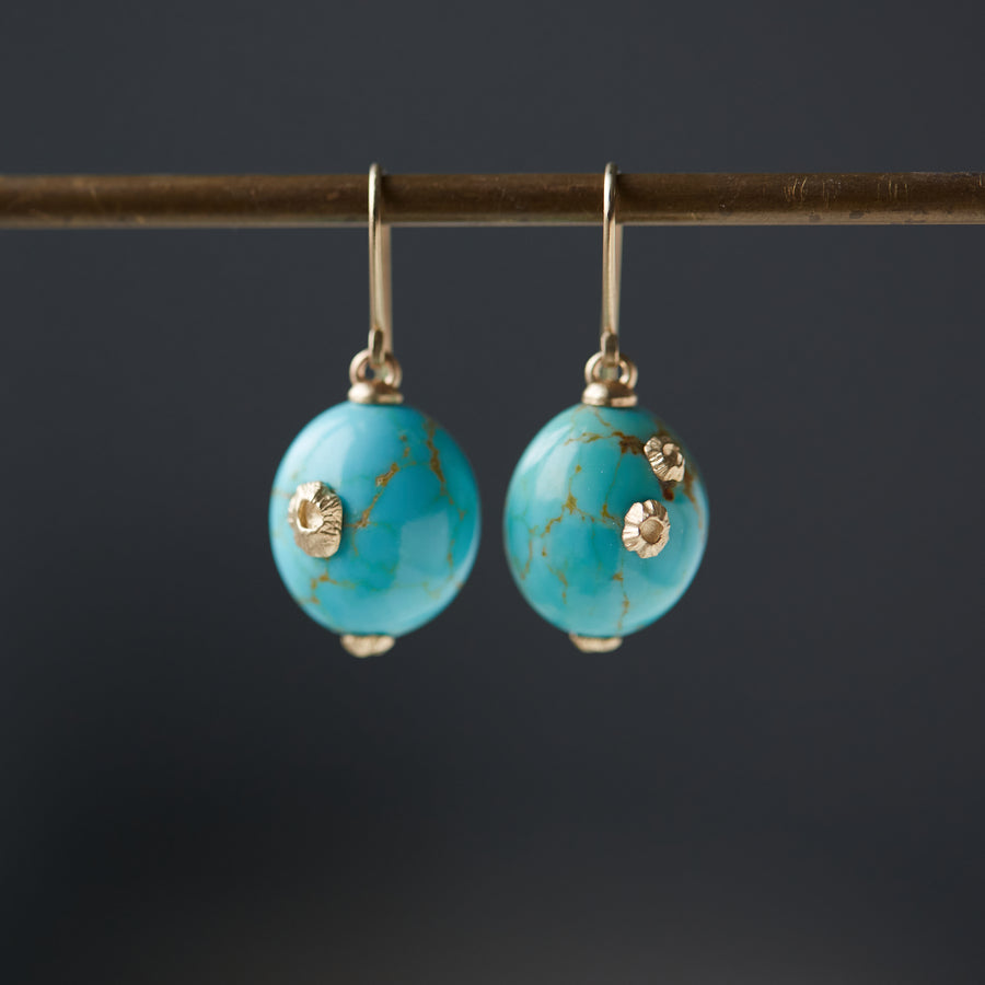 Kingman turquoise Ruthie B. earrings with gold barnacles by Hannah Blount