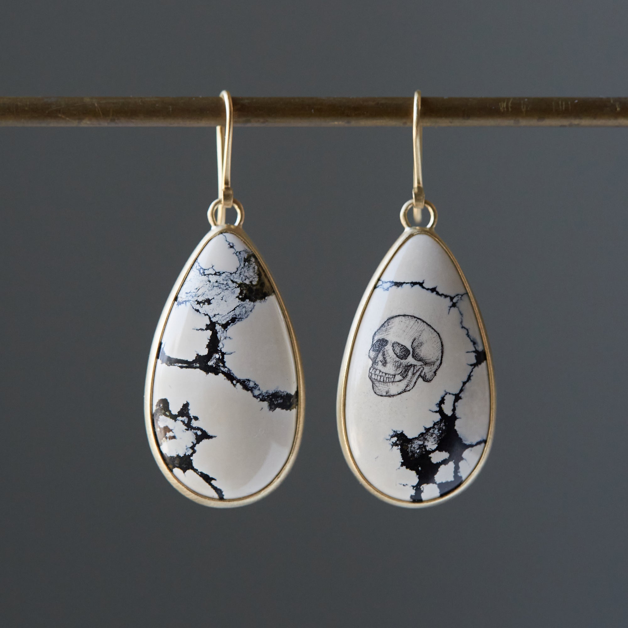 Hand drawn skull and hourglass scrimshaw on variscite - earrings