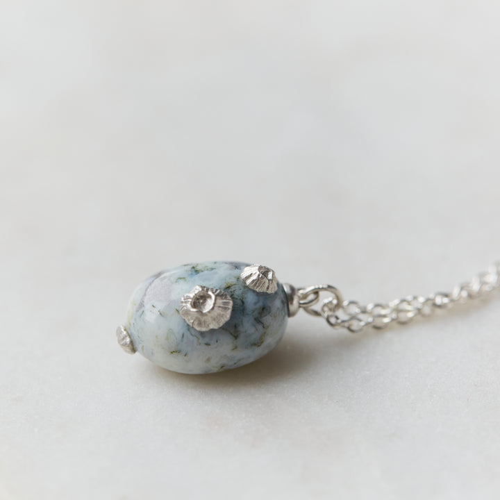 Indian opal Ruthie B. necklace with silver barnacles and chain by Hannah Blount
