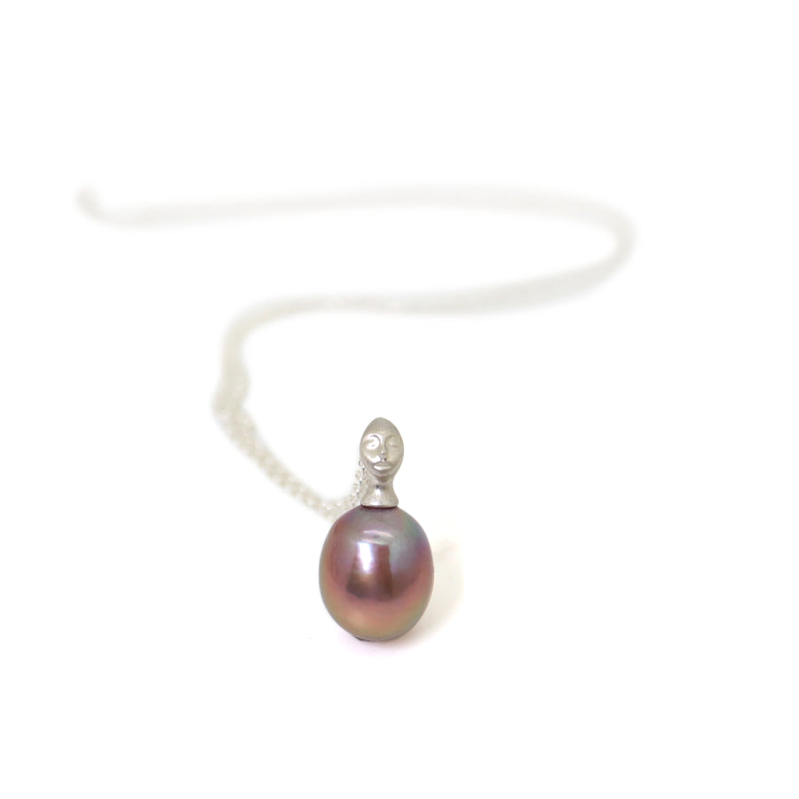 pink freshwater baroque pearl necklace with cameo lady face bail in silver by hannah blount jewelry