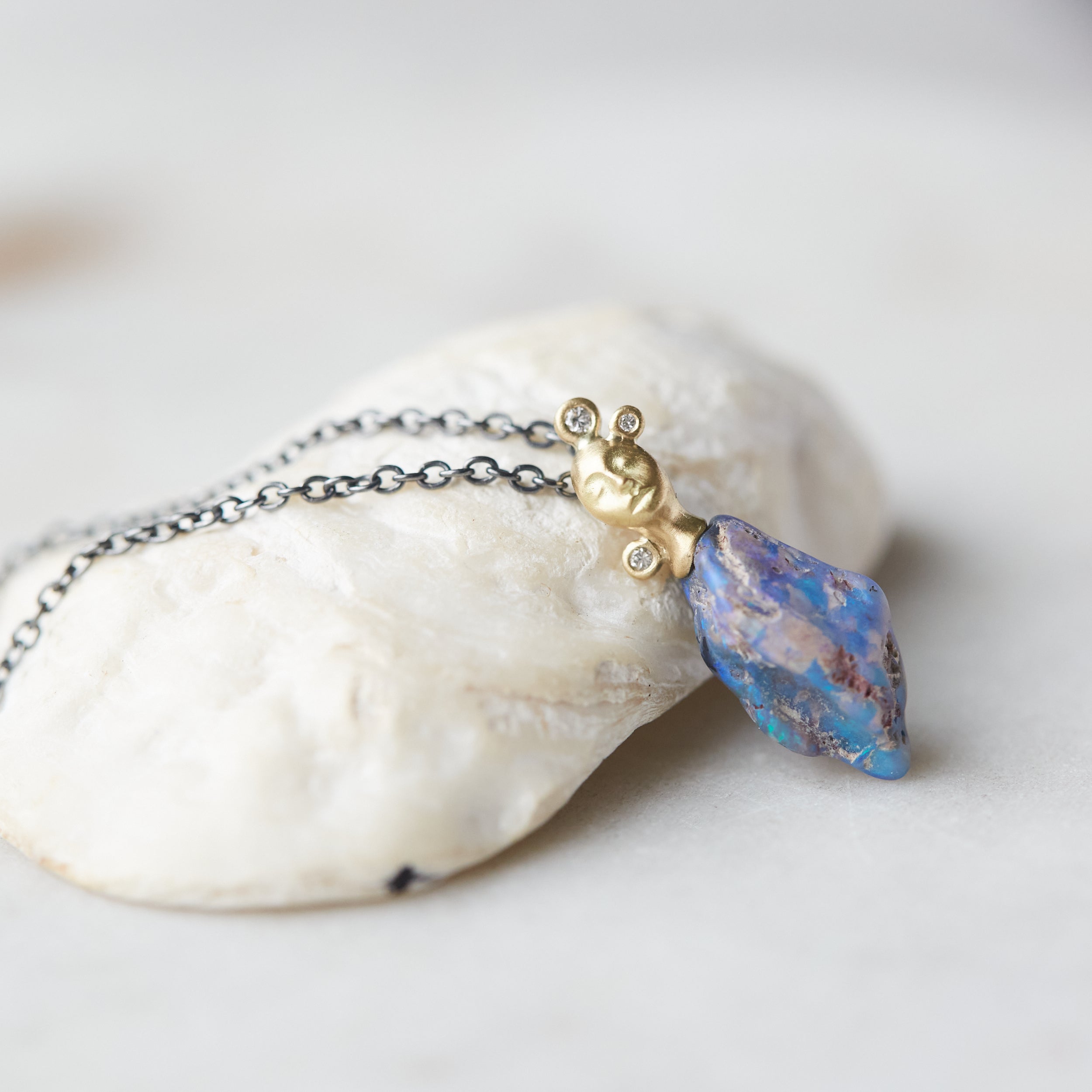 Raw opal cameo necklace with diamonds by Hannah Blount