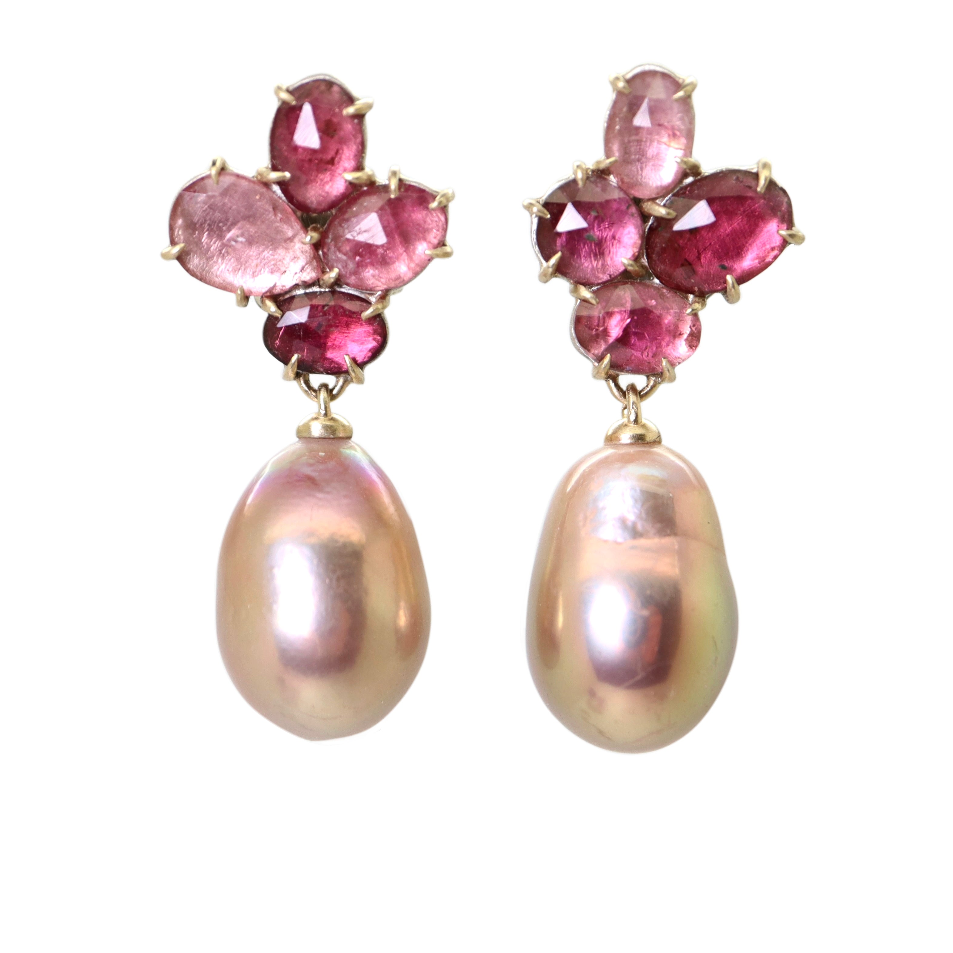 mosaic earrings studs of multicolored pink tourmalines in a flower pattern, with drops of pink pearl, by hannah blount