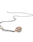 pink freshwater baroque pearl necklace with gold barnacles and black oxidized silver chain by hannah blount jewelry