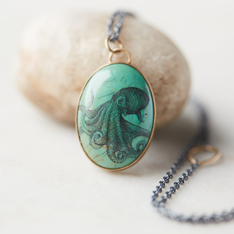 17.83ct hand-scribed Kingman turquoise Scrimshaw octopus necklace by Hannah Blount