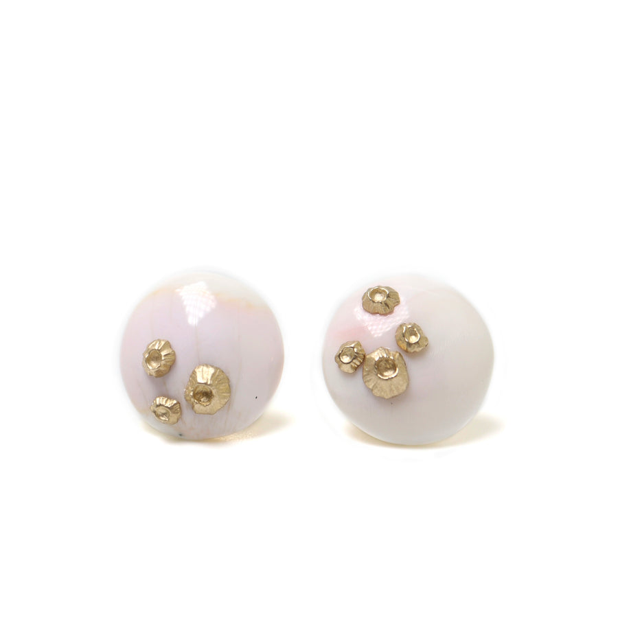 vintage pink angel skin coral stud earrings with gold barnacles by hannah blount
