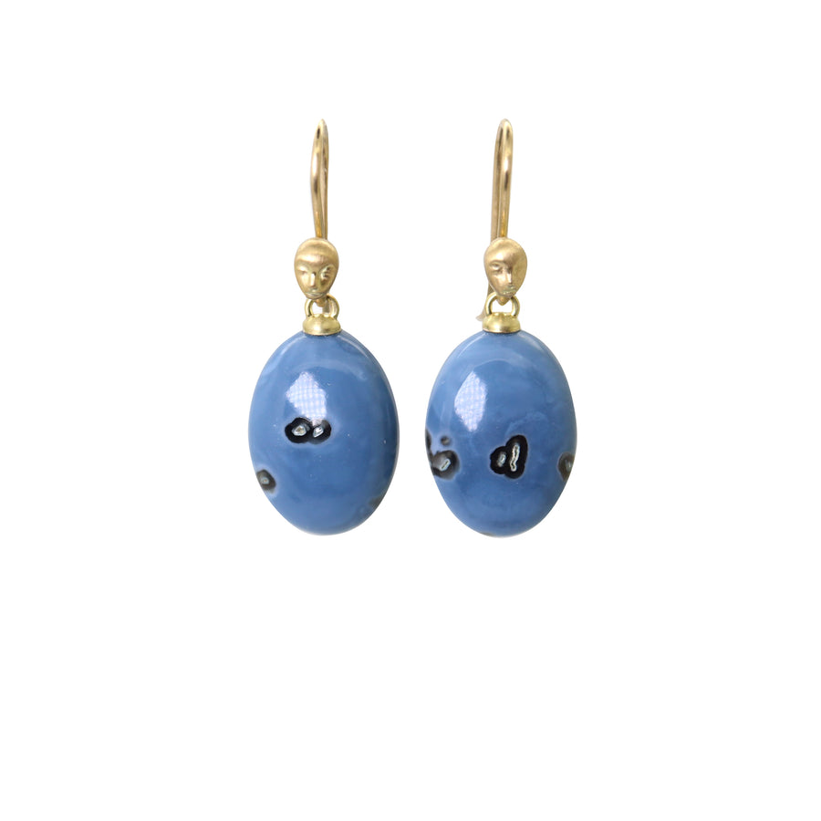 mottled blue common opal oval drops set as earrings with ear wires featuring gold Lady faces