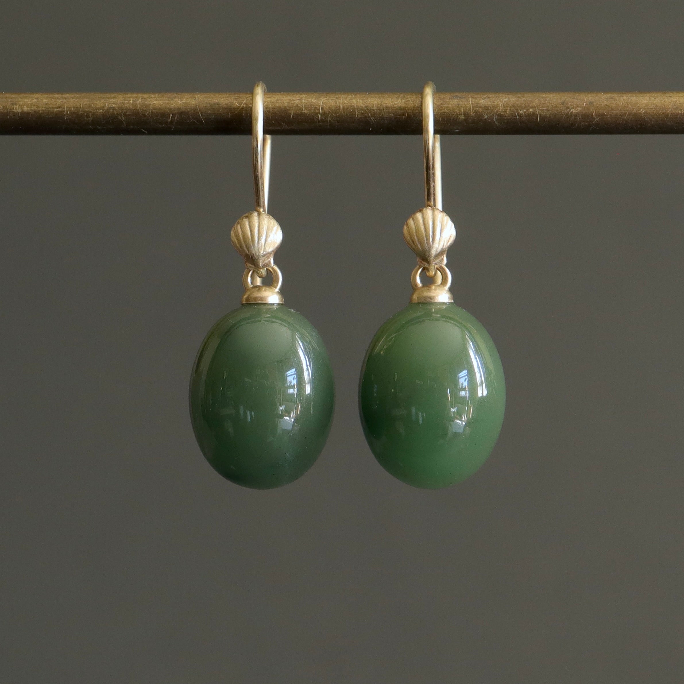 Nephrite jade drop earrings with gold shell