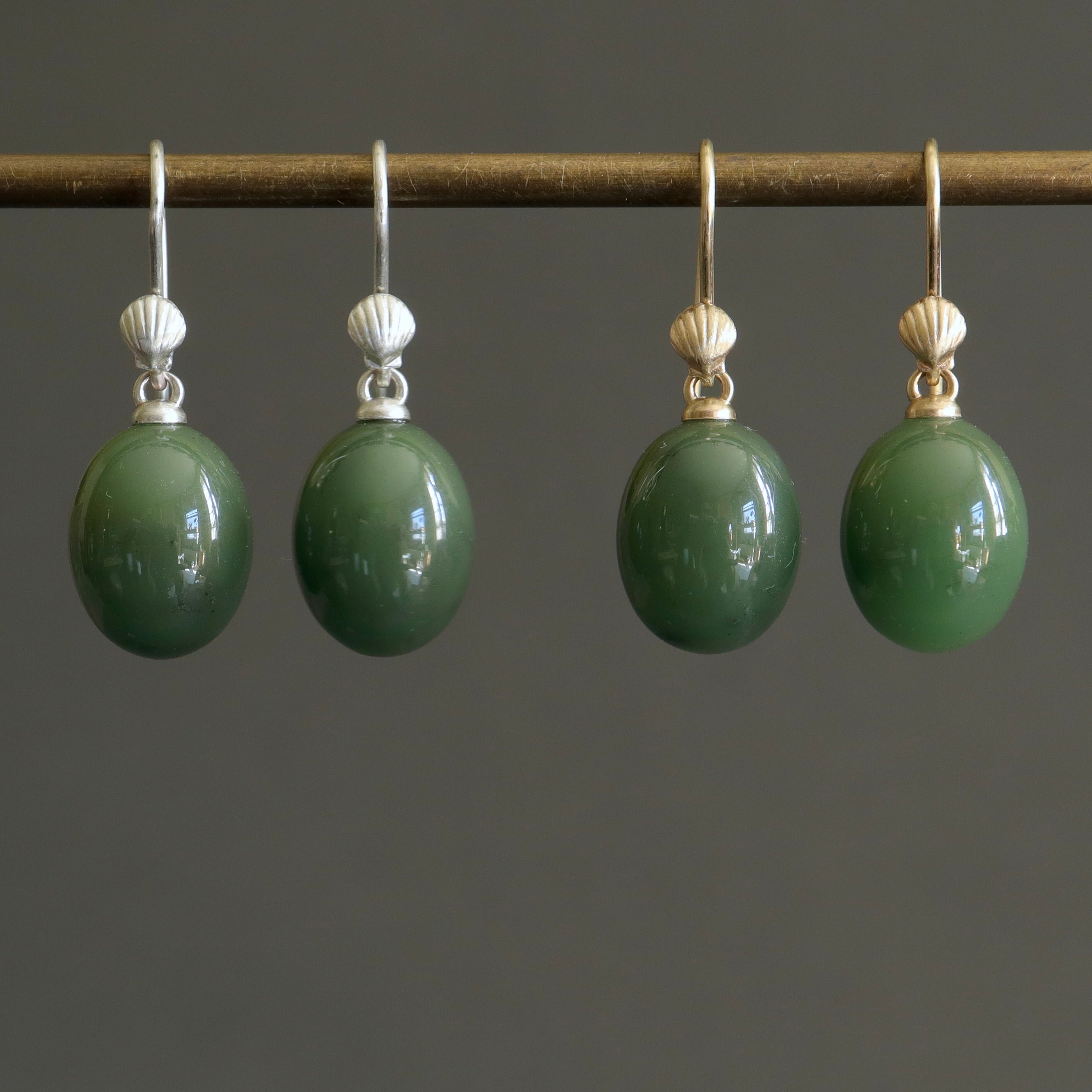 Nephrite jade drop earrings with silver and gold shell ear wires