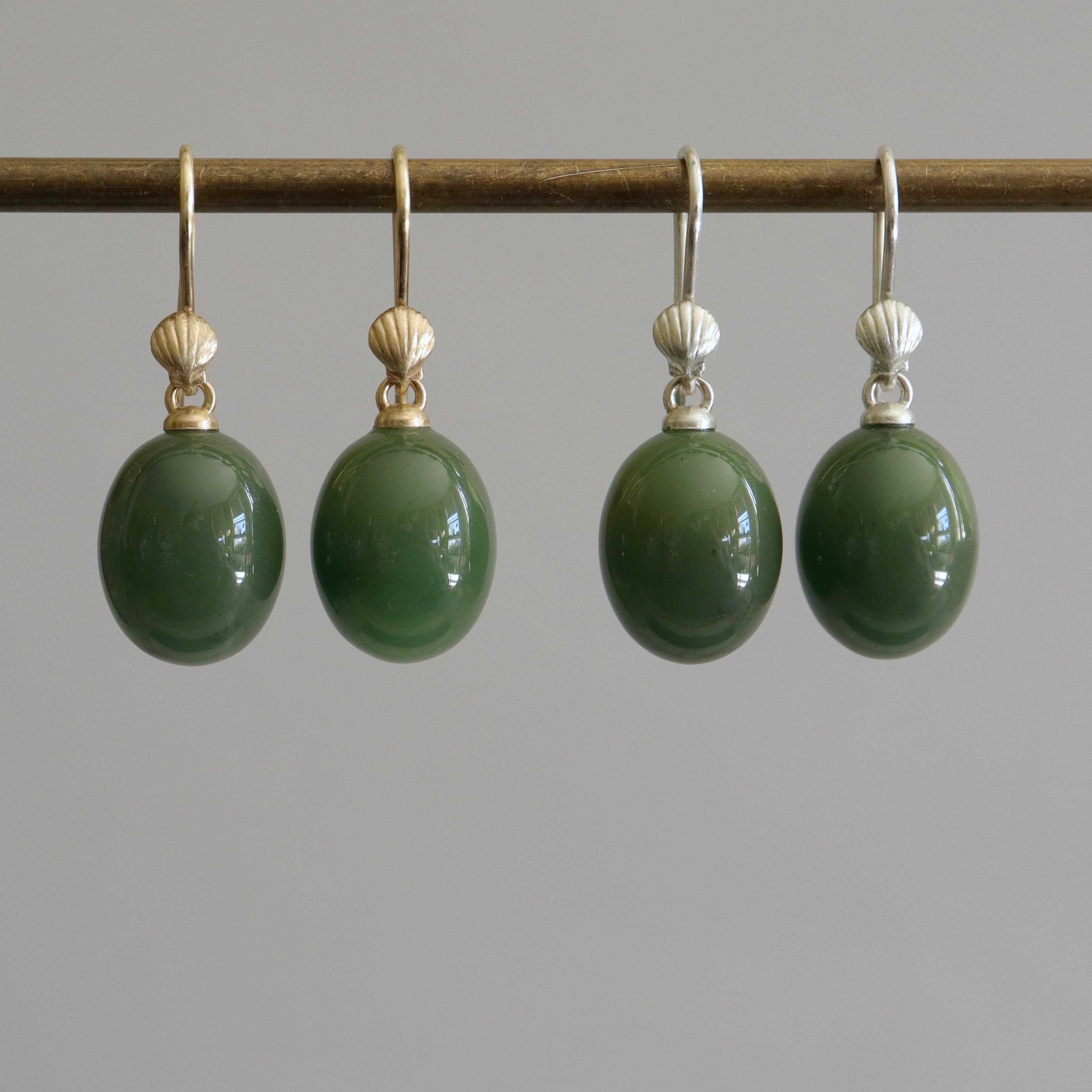 Nephrite jade drop earrings with silver and gold shell ear wires