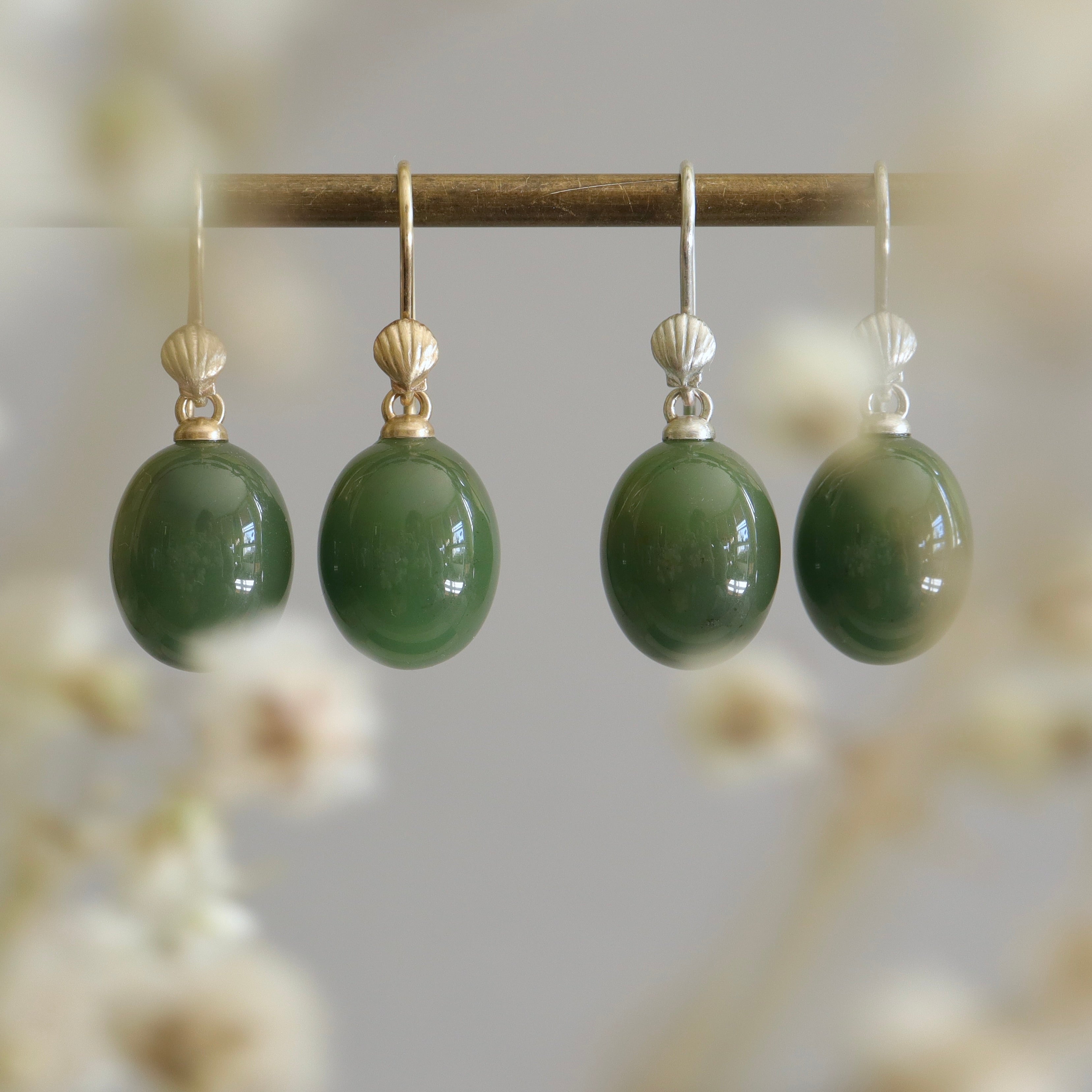 Nephrite jade drop earrings with silver and gold shell ear wires