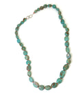 Kingman turquoise necklace with coral-hued silk and silver clasp by Hannah Blount