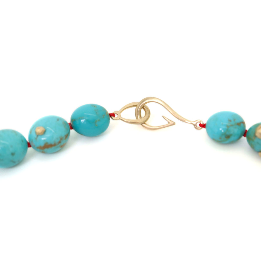 Kingman turquoise Ruthie B. necklace with red silk and gold clasp by Hannah Blount