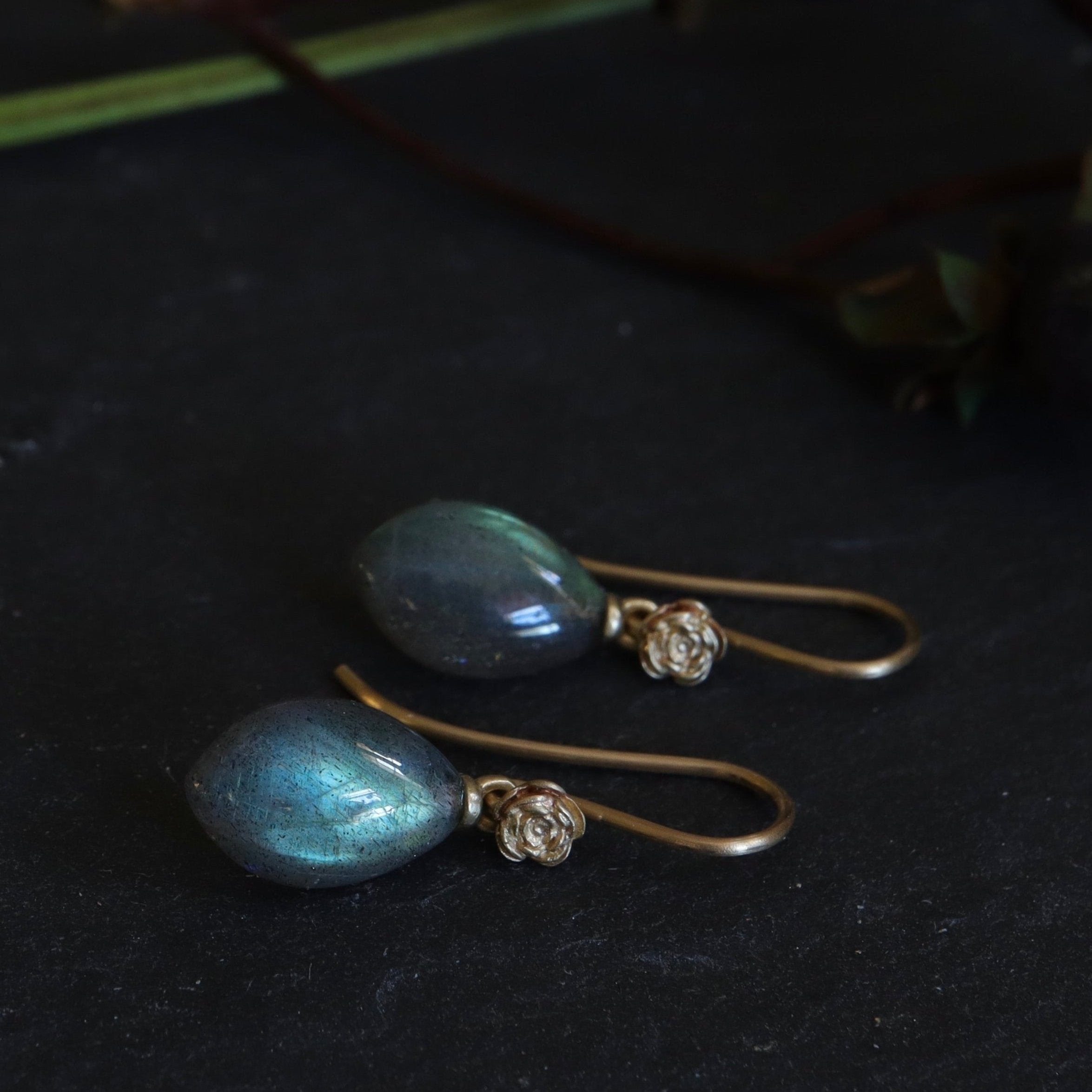 labradorite marquise drop earrings with rose garden ear wires