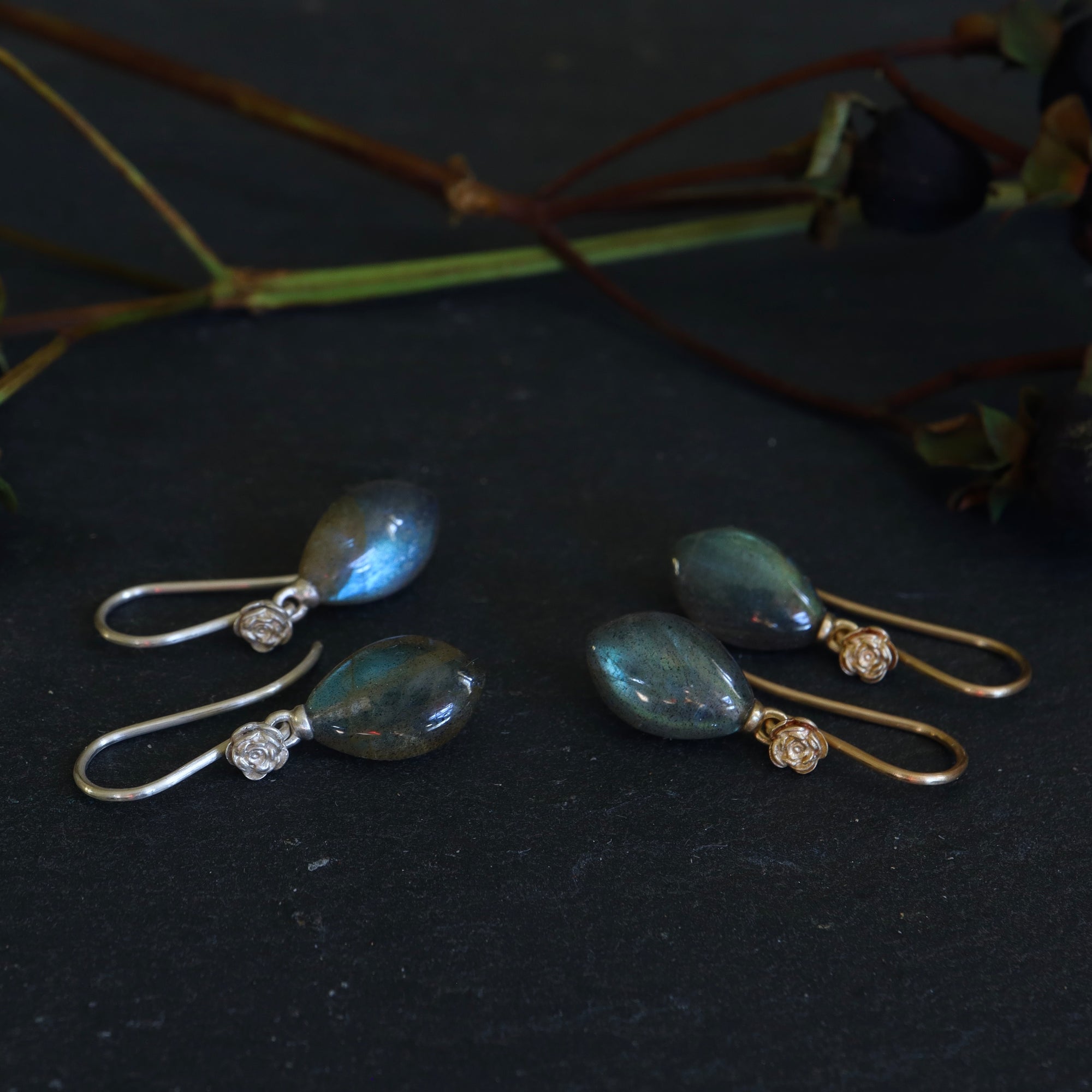 two pairs of labradorite marquise drop earrings with silver and gold rose garden ear wires