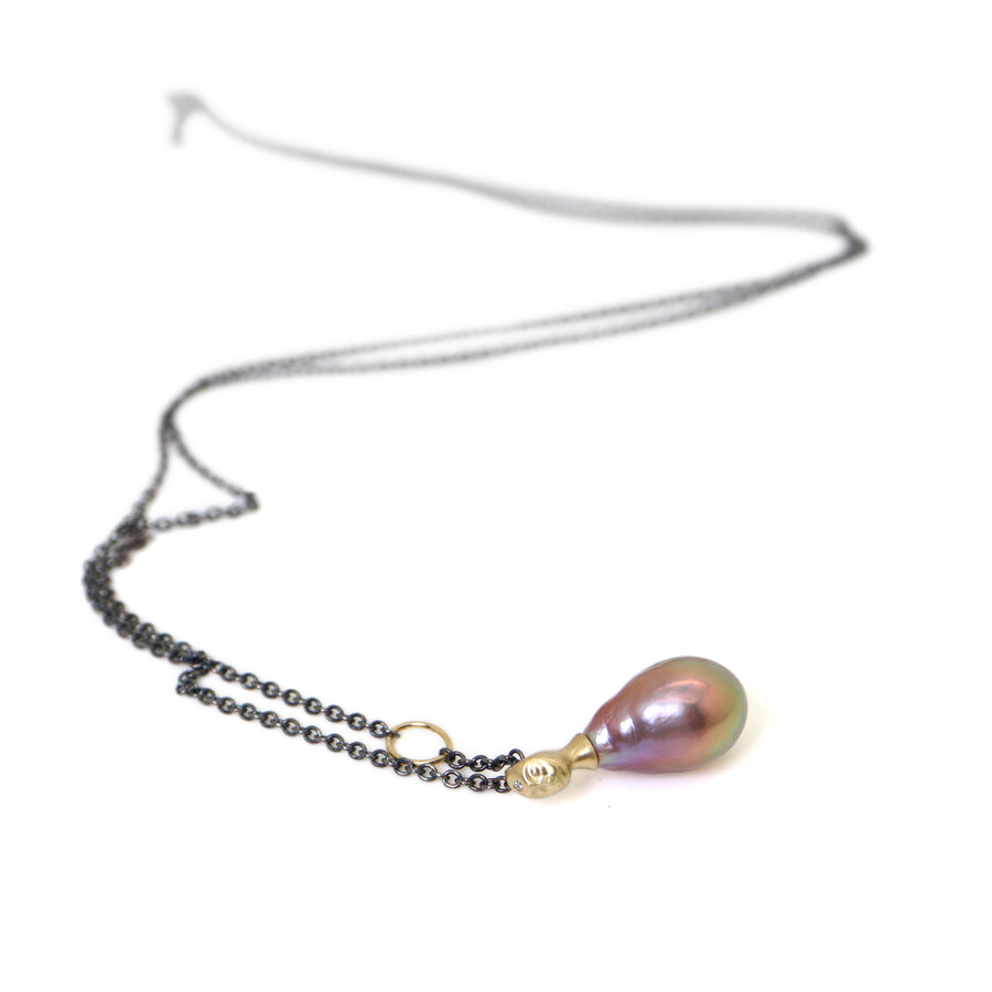 pink freshwater baroque pearl with gold cameo lady face cap and diamond third eye with oxidized black silver chain by hannah blount jewelry