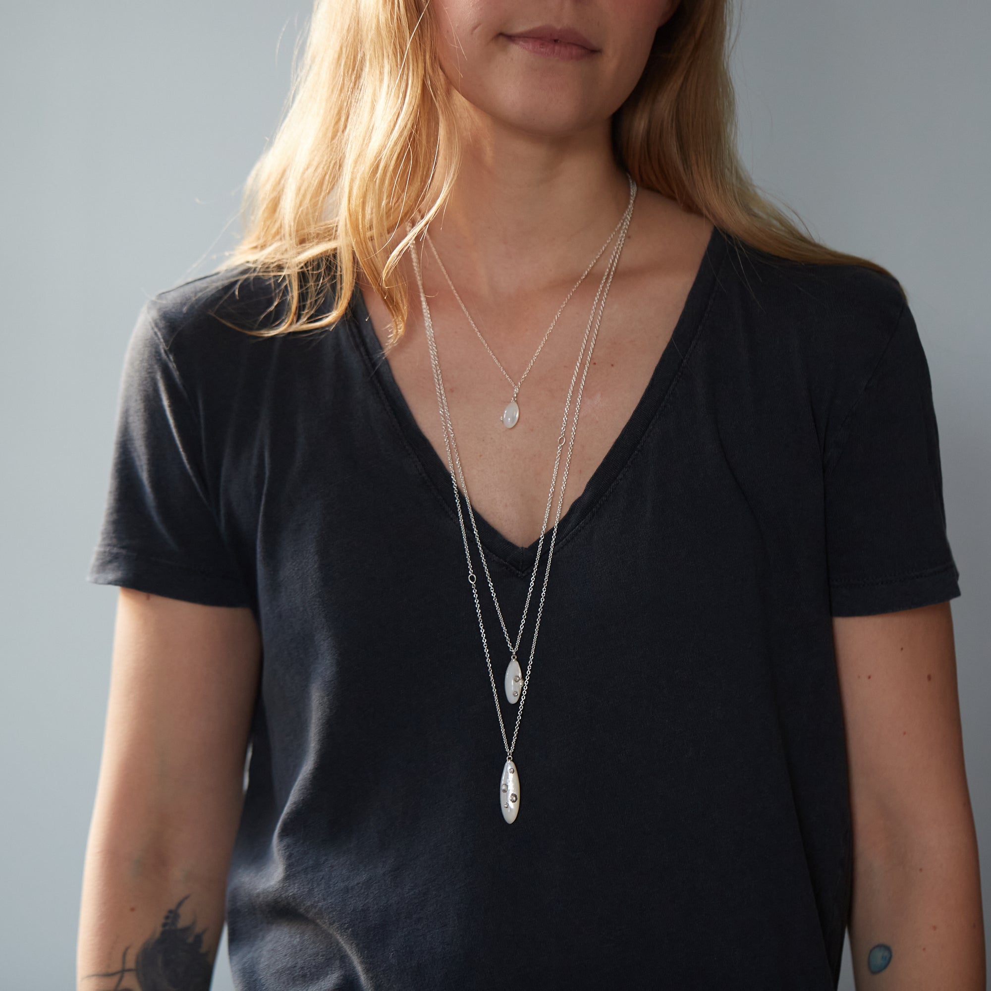 all three sizes of Mother of pearl necklaces by Hannah Blount
