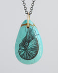 Turquoise teardrop pendant necklace with a nautilus illustration on a light gray background