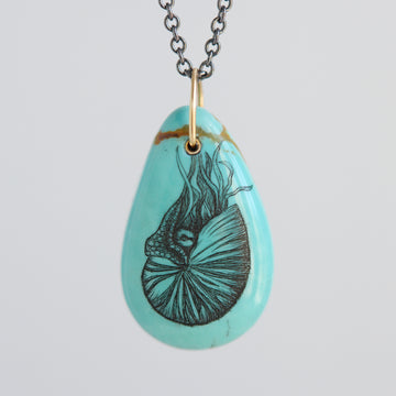 Turquoise teardrop pendant necklace with a nautilus illustration on a light gray background