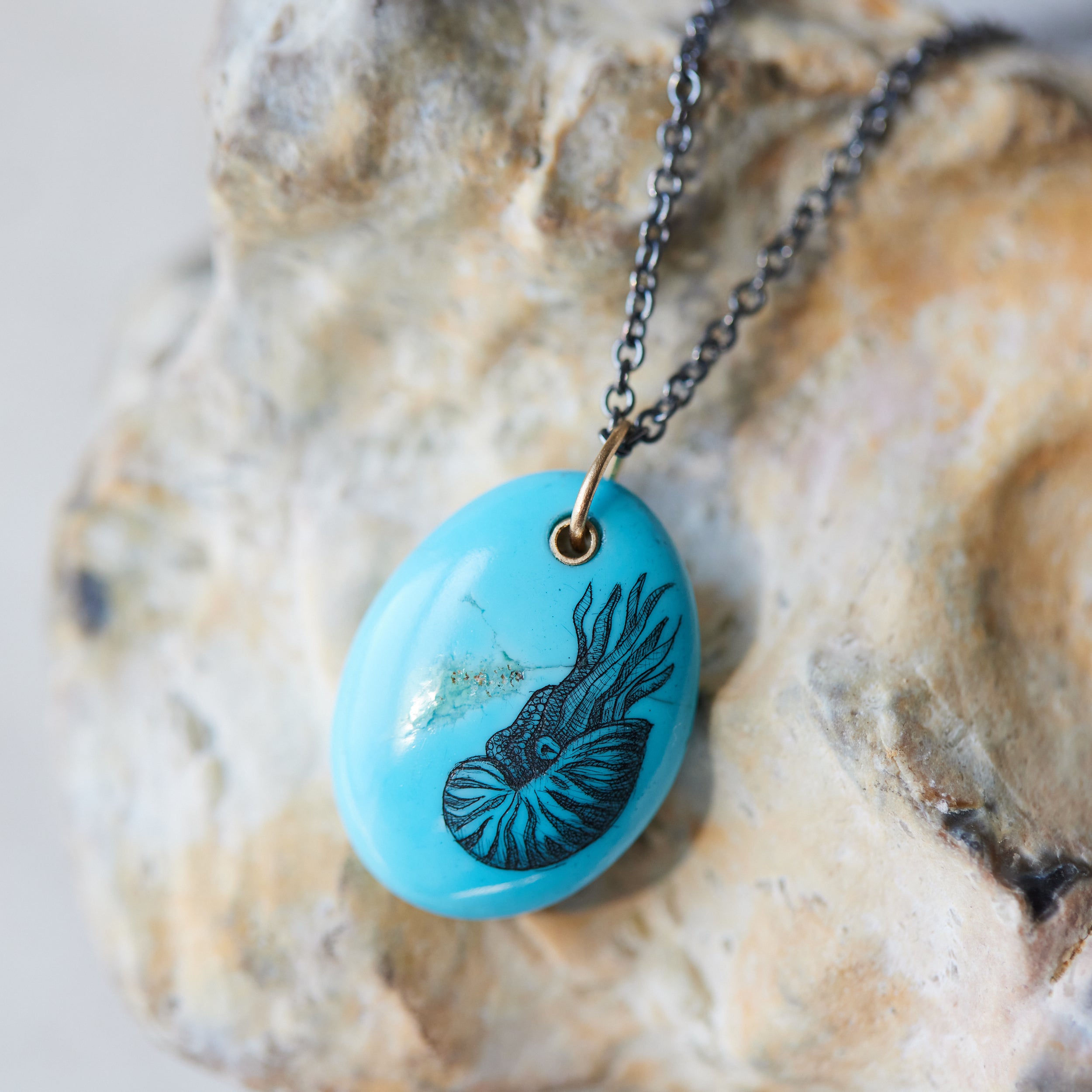 kingman turquoise pendant with inked illustration of a nautilus on oxidized silver chain with gold details