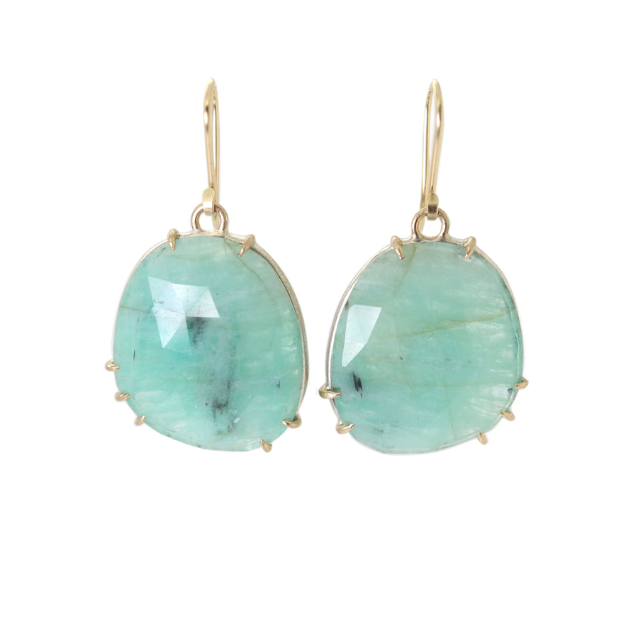 drop earrings with pale mint faceted emerald gemstones, set in gold prongs