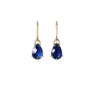 teardrop blue kyanite drop earrings with gold prongs and ear wires