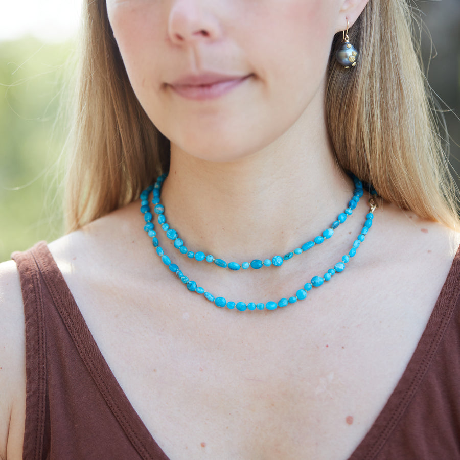 Kingman turquoise double-strand necklace with aloe-hued silk and gold clasp by Hannah Blount