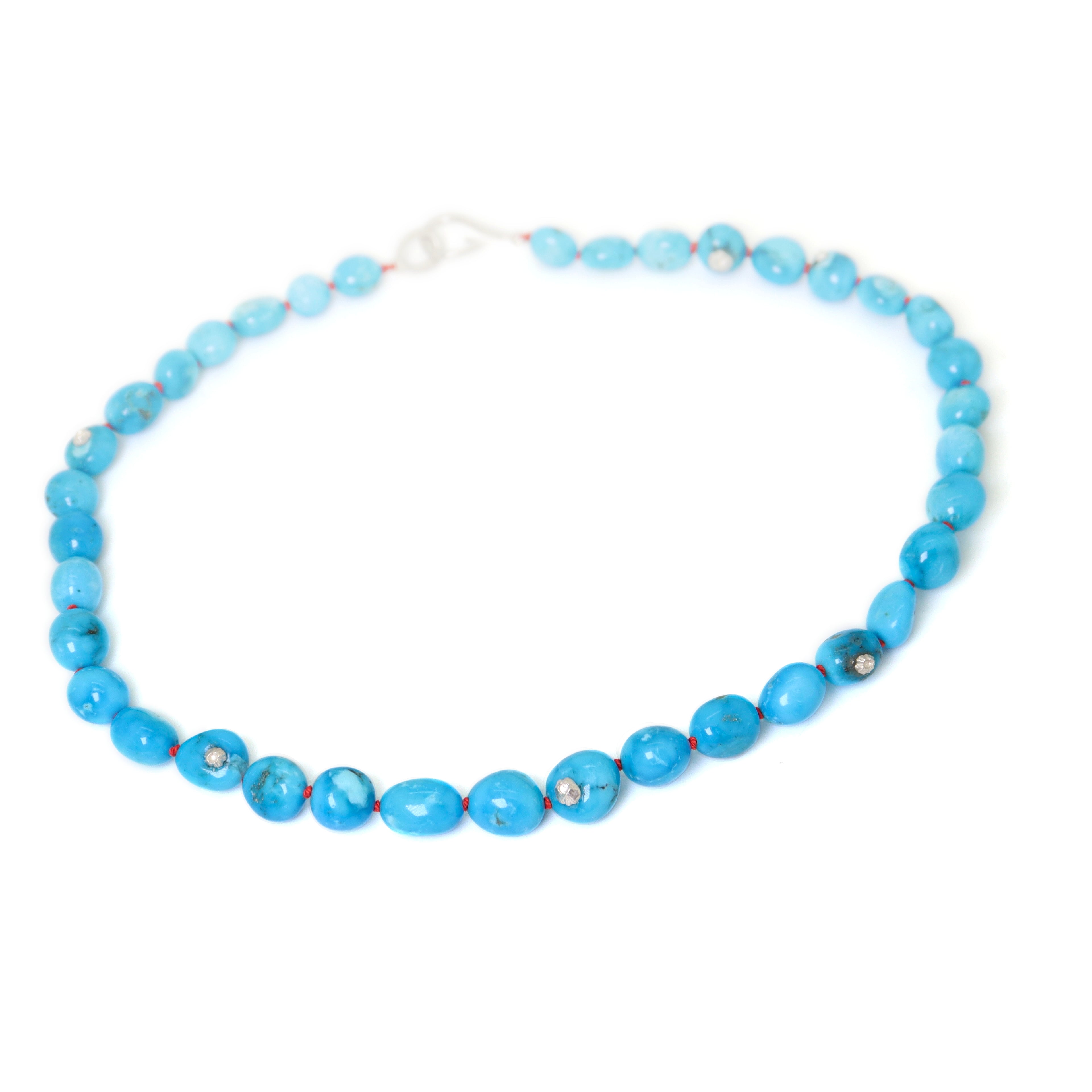 Kingman turquoise necklace with coral-hued silk and silver clasp by Hannah Blount