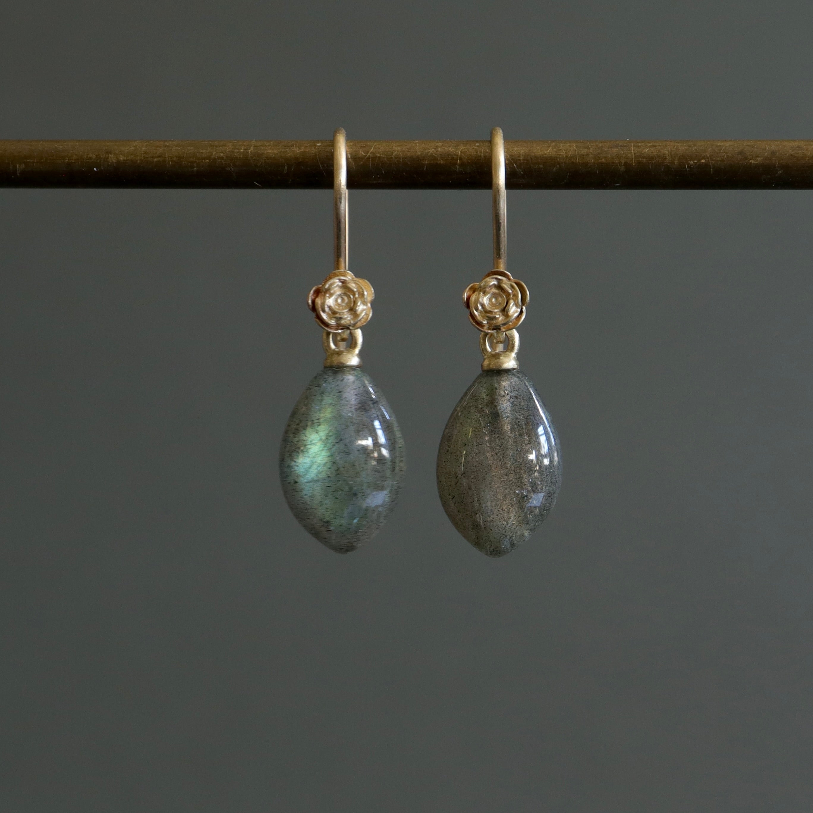 labradorite marquise drop earrings with rose garden ear wires