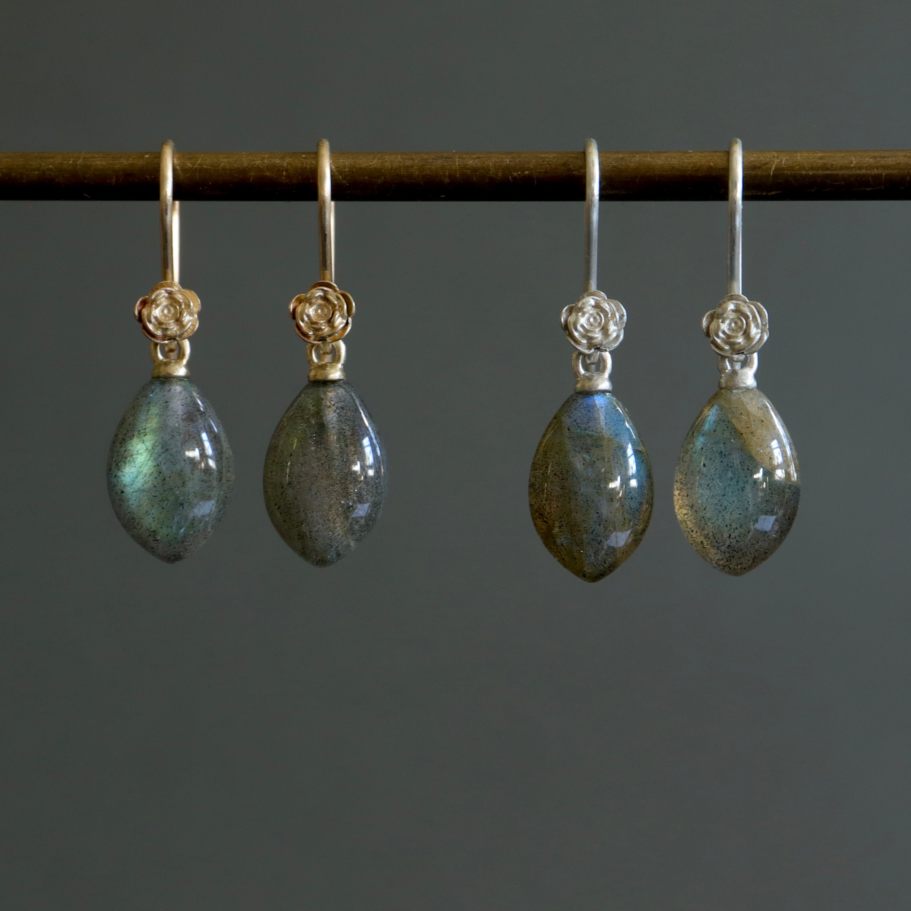 two pairs of labradorite marquise drop earrings with silver and gold rose garden ear wires