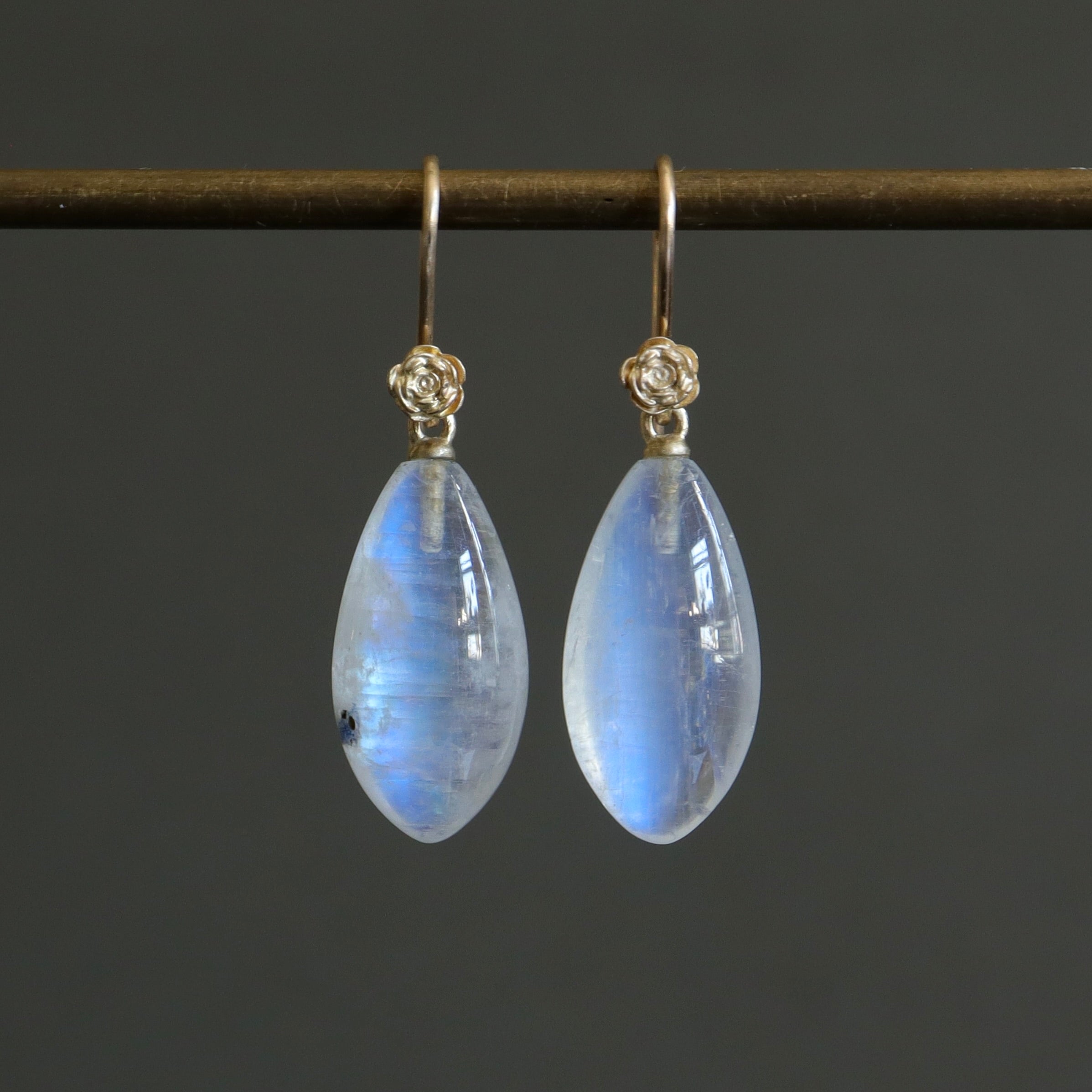 moonstone drop earrings with gold rose ear wires