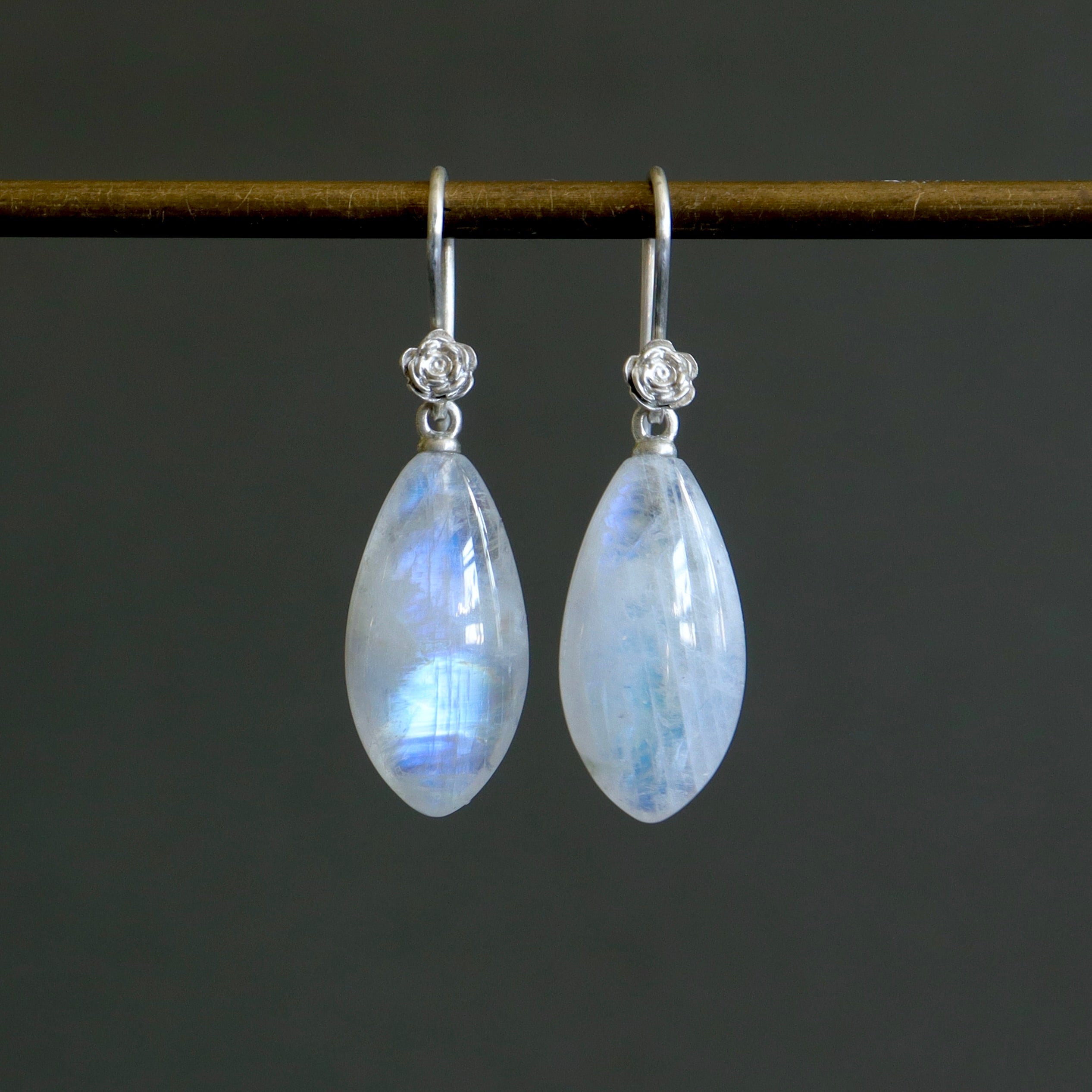 moonstone drop earrings with silver rose ear wires
