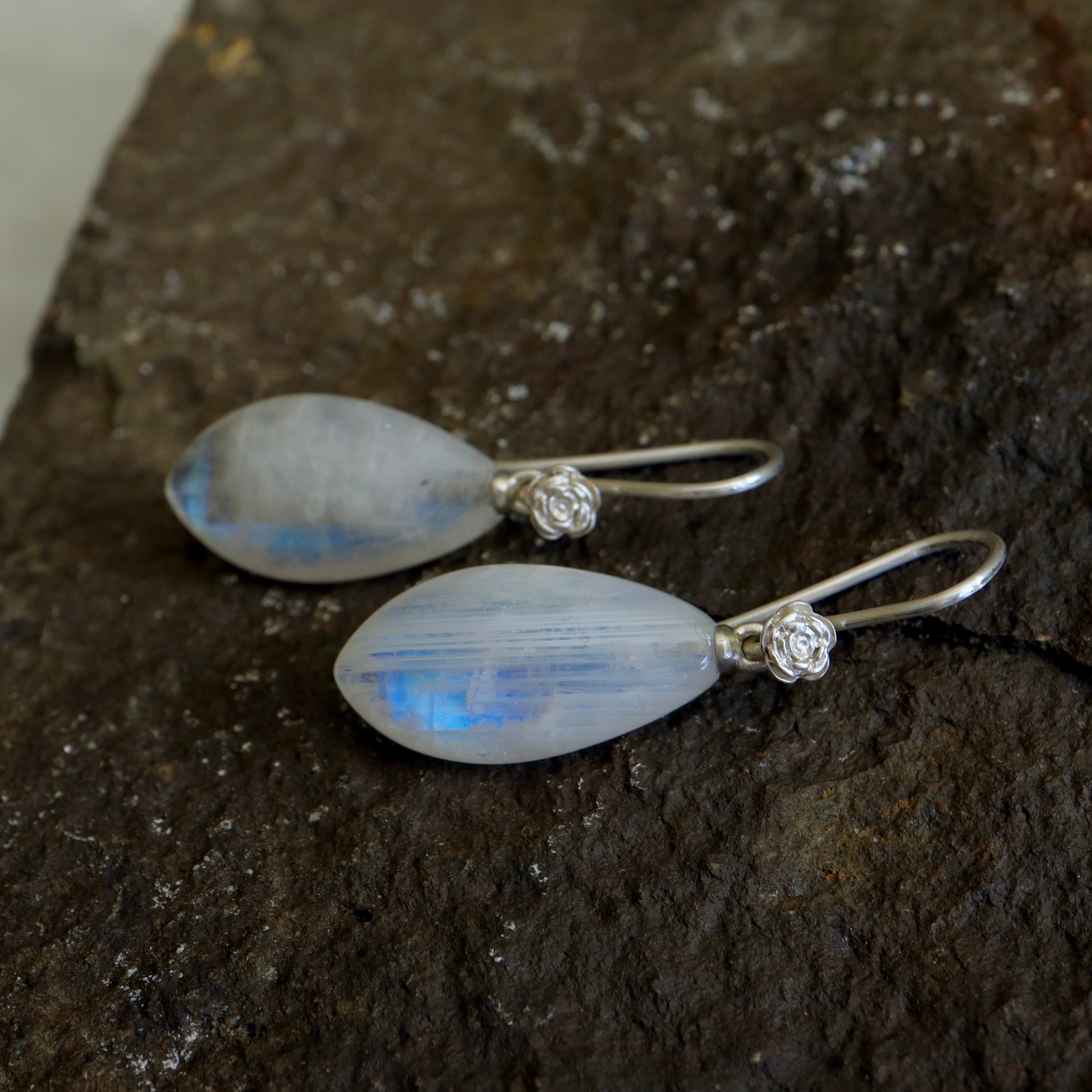 moonstone drop earrings with silver rose ear wires