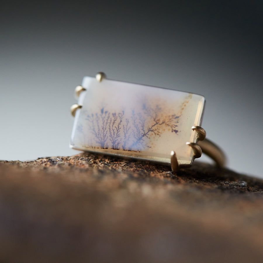 rectangular dendritic agate ring set with gold prongs by hannah blount