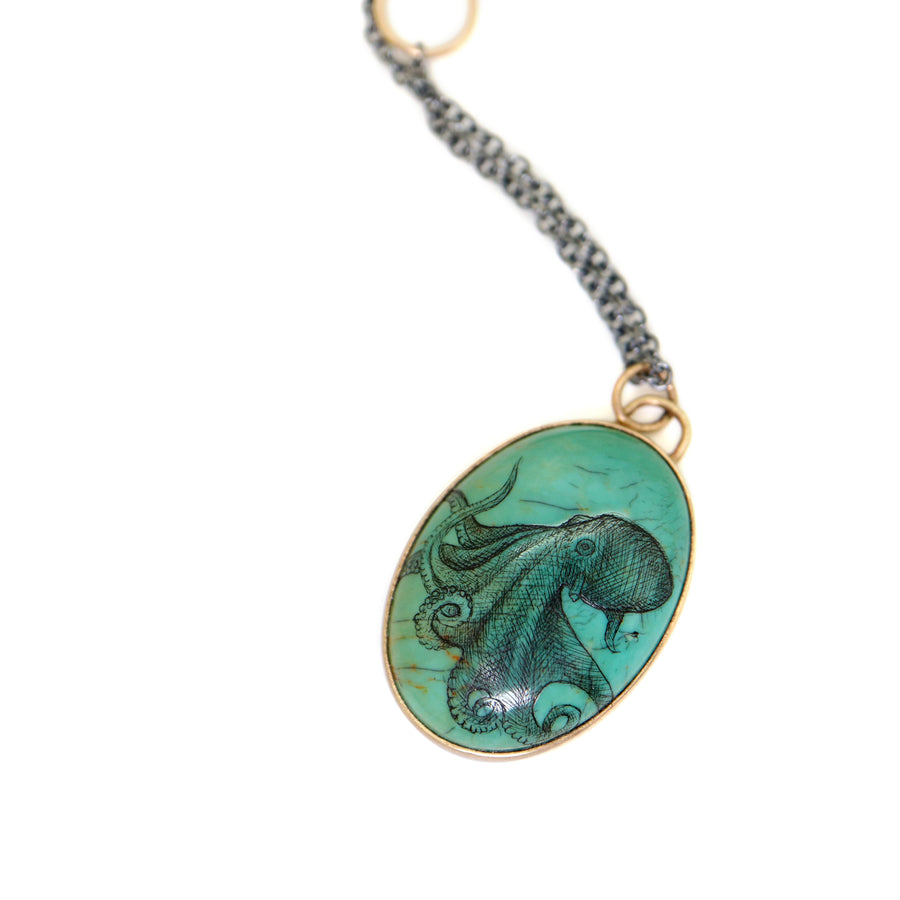 17.83ct hand-scribed Kingman turquoise Scrimshaw octopus necklace by Hannah Blount
