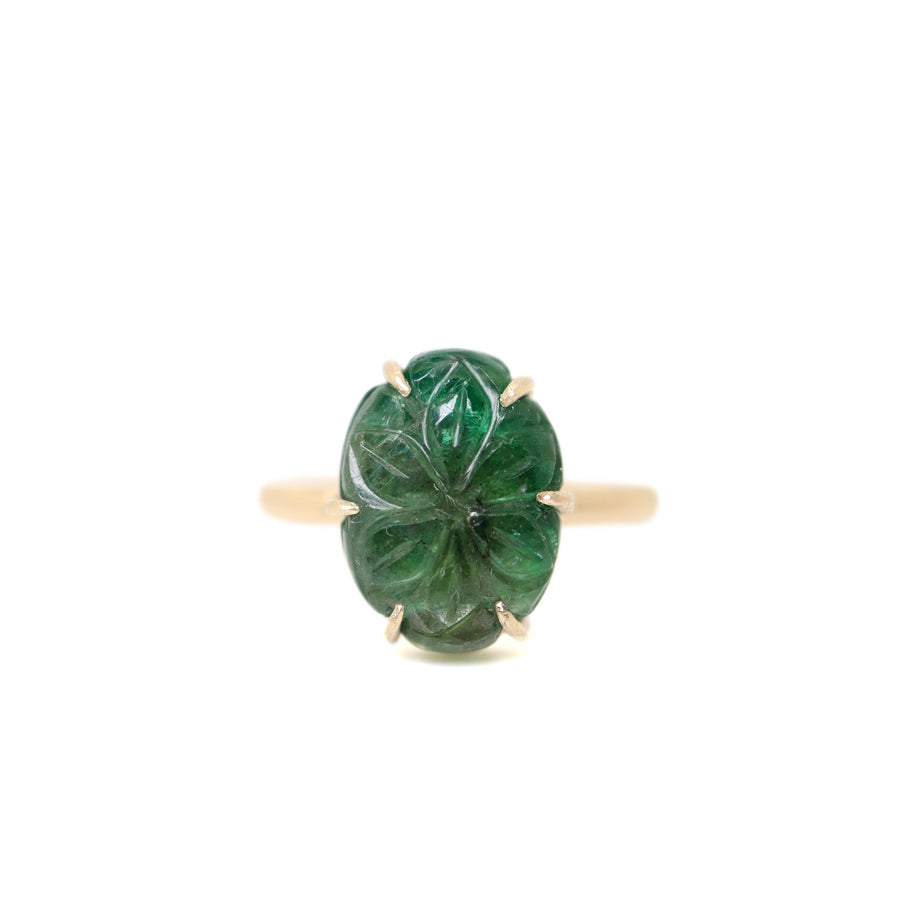 Carved flower emerald vanity ring by Hannah Blount