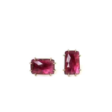 rectangular pink tourmaline gemstones set in gold prongs, as earring studs