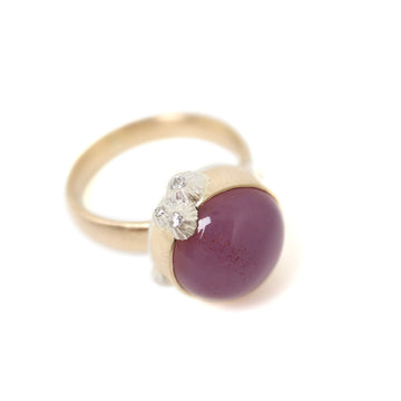 side view of Purple chalcedony nautical gold ring with silver barnacles and diamonds