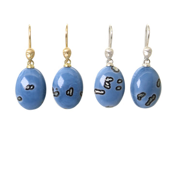 mottled blue common opal oval drops set as earrings with ear wires featuring Lady faces. Two pairs, one each in silver and gold