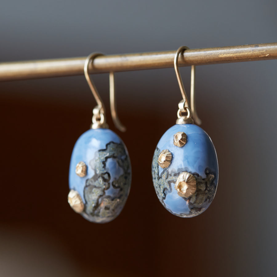mottled blue common opal earrings with gold barnacles and ear wires