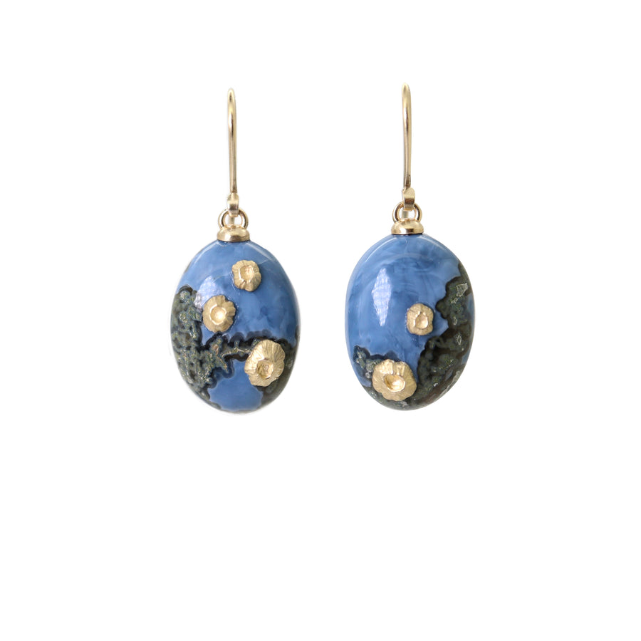 mottled blue common opal earrings with gold barnacles and ear wires