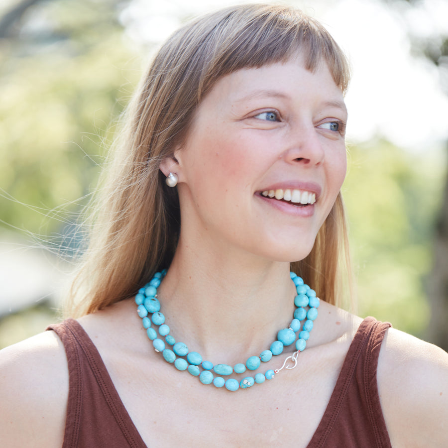 Kingman turquoise double-strand necklace with coral-hued silk and silver clasp by Hannah Blount