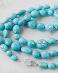Kingman turquoise double-strand necklace with coral-hued silk and silver clasp by Hannah Blount