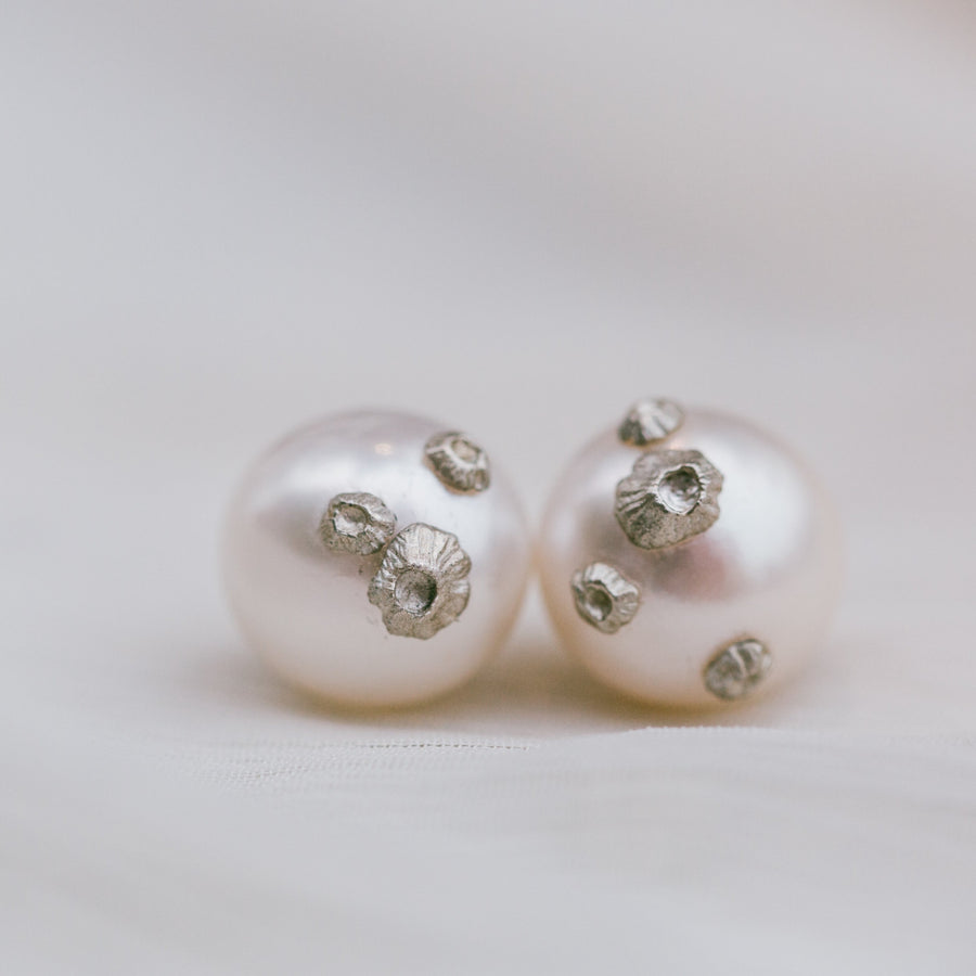 large freshwater pearl studs with silver barnacles by hannah blount