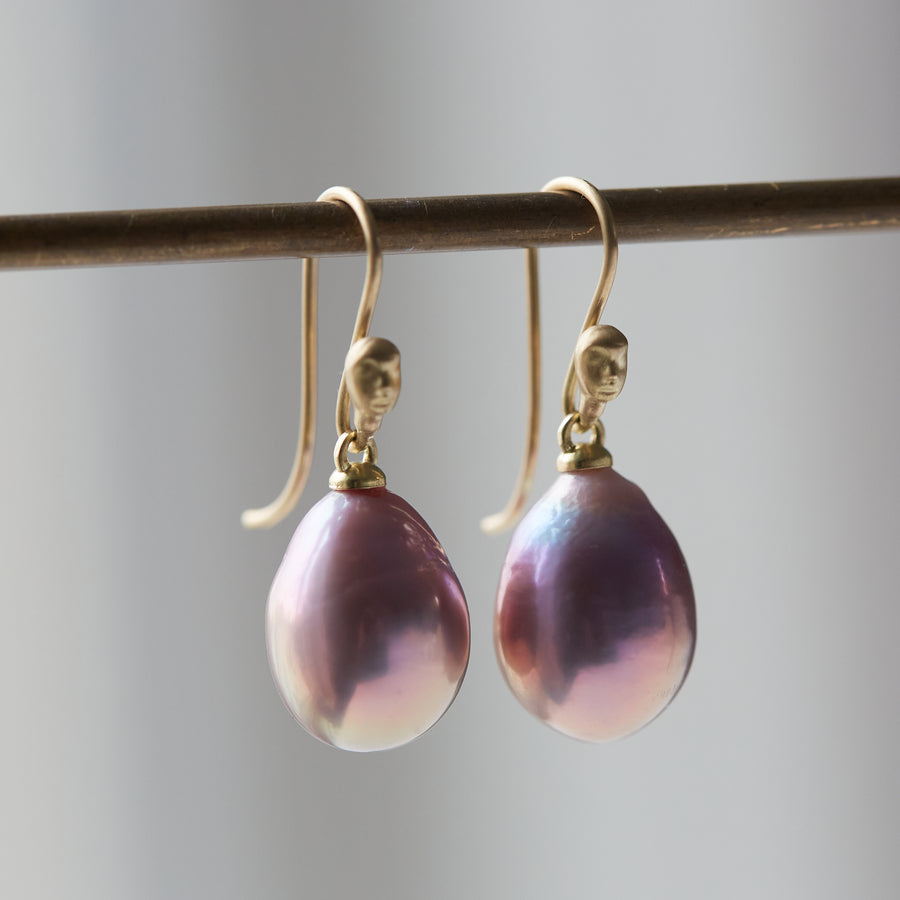 pink freshwater baroque pearl drop earrings with gold lady cameo face ear wires by hannah blount jewelry